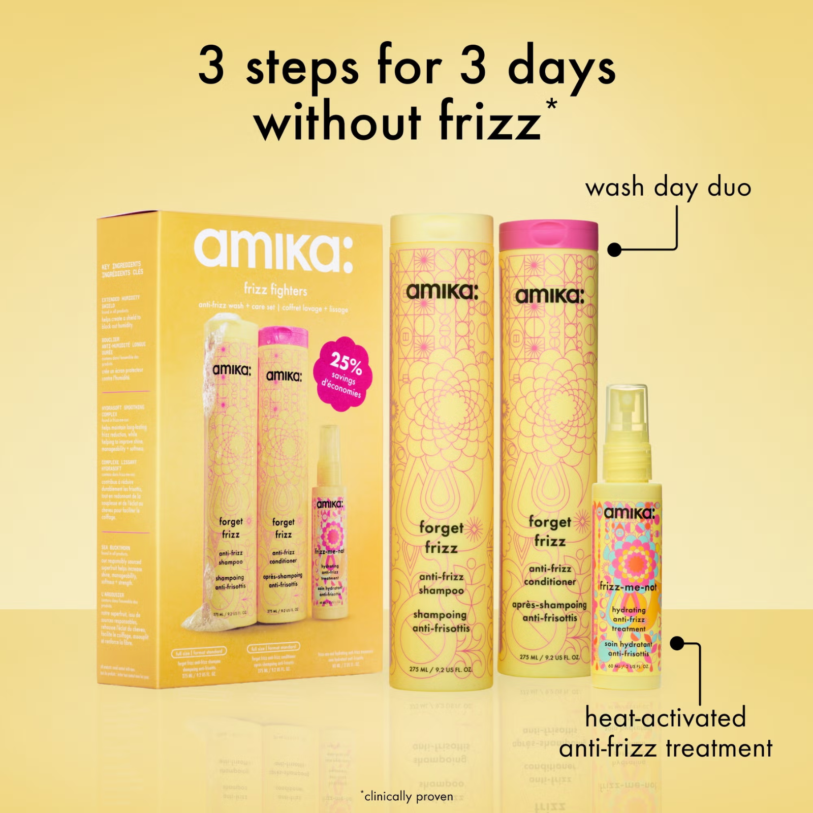 Amika Frizz Fighters Anti-Frizz Wash + Care Set (3in1 anti-frizz smoothing hair care set)