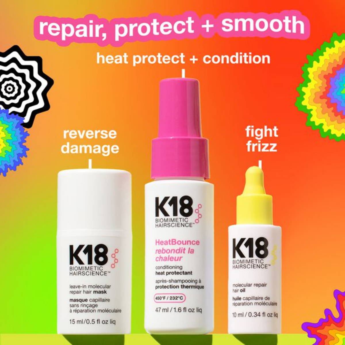 K18 Biomimetic Hairscience HeatBounce/Mask Kit (3in1 repair & heat protection set)